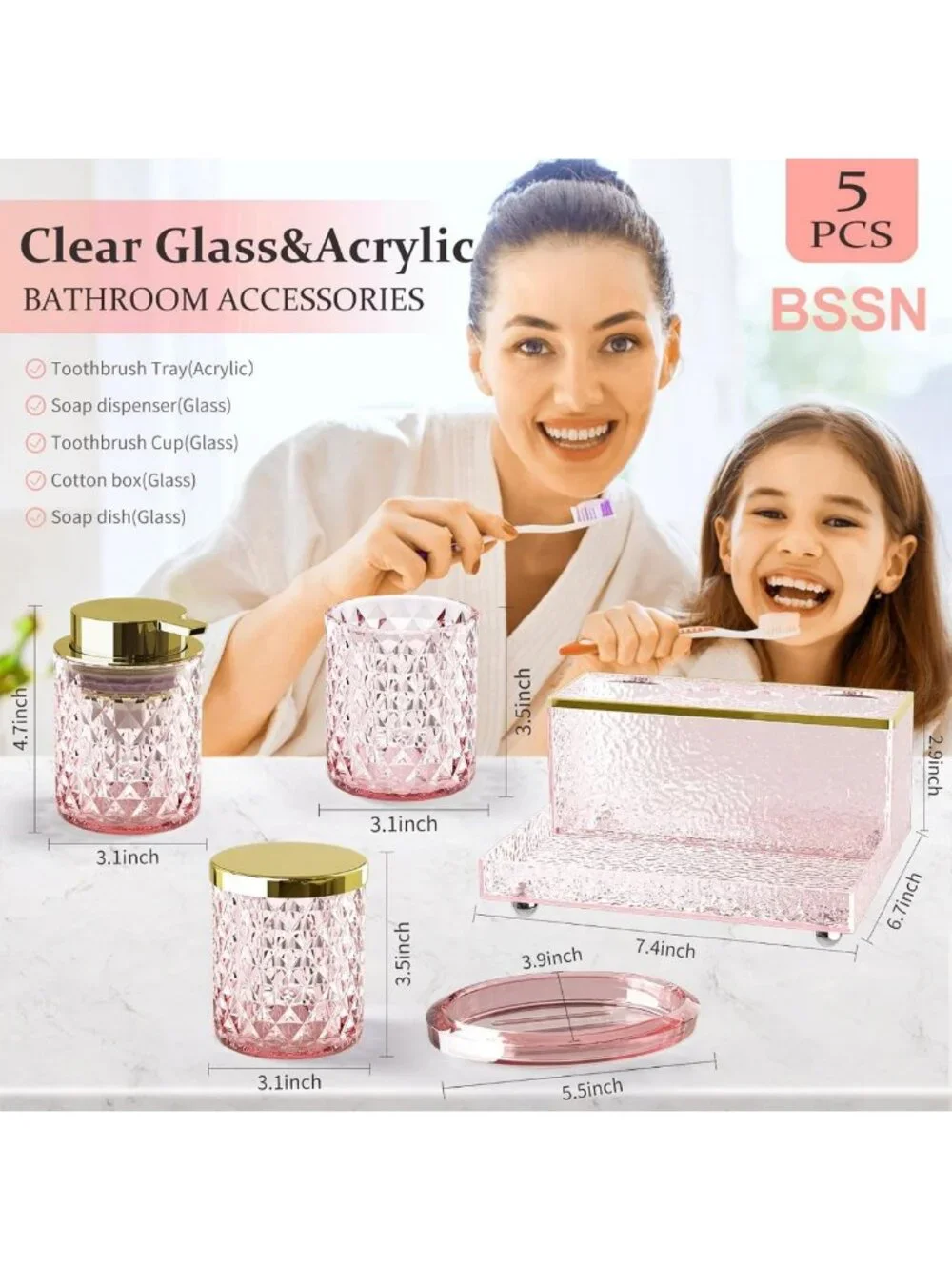 Elegant 5-Piece Pink Crystal Bathroom Accessories Set - Soap Dispenser